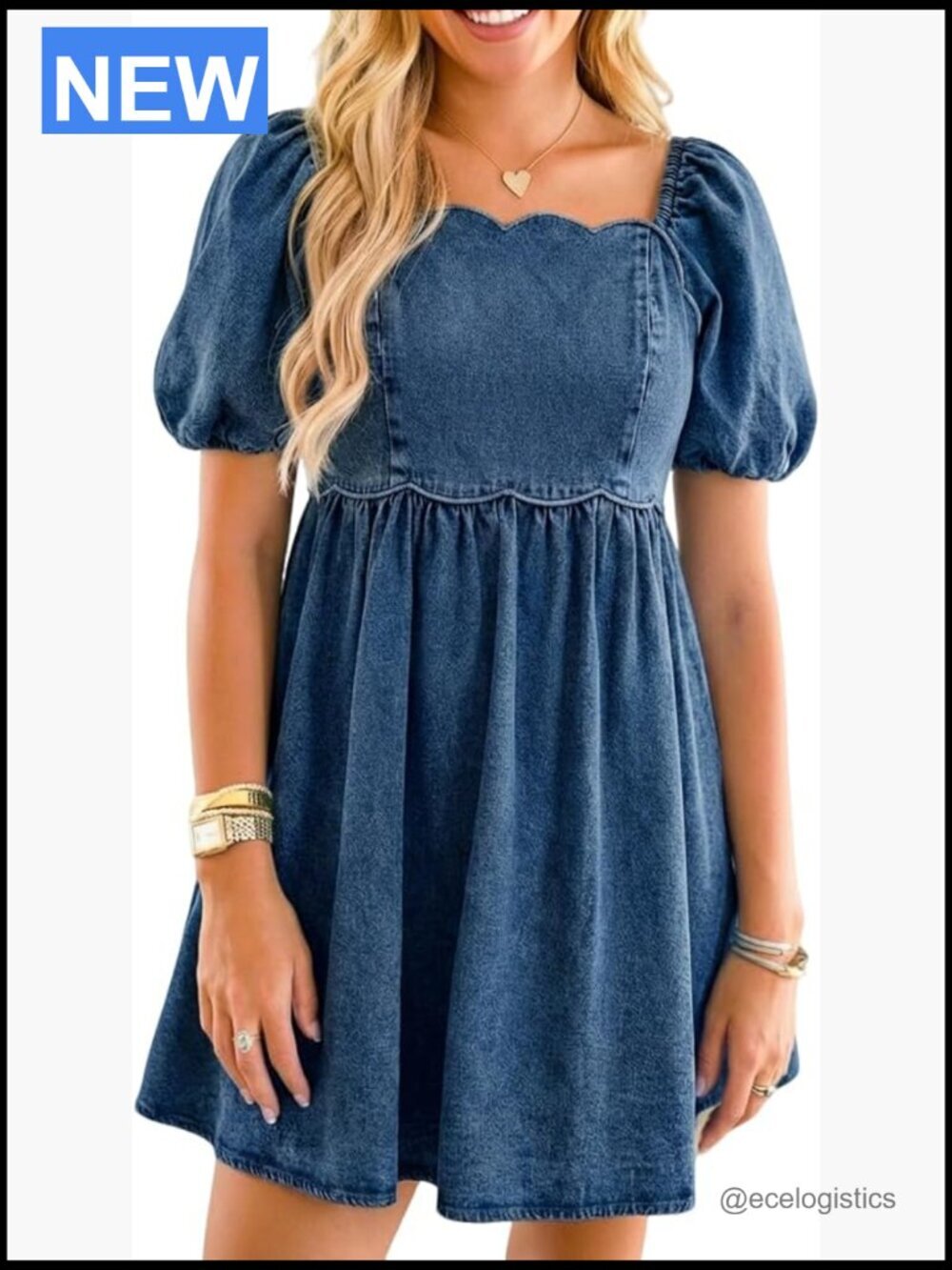 Square Neck Puff Sleeve Babydoll Denim Dress with Pockets